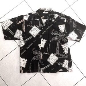Tommy Bahama Men XL Silk Shirt Black Tropical Postcard Palm Tree Camp Button Up